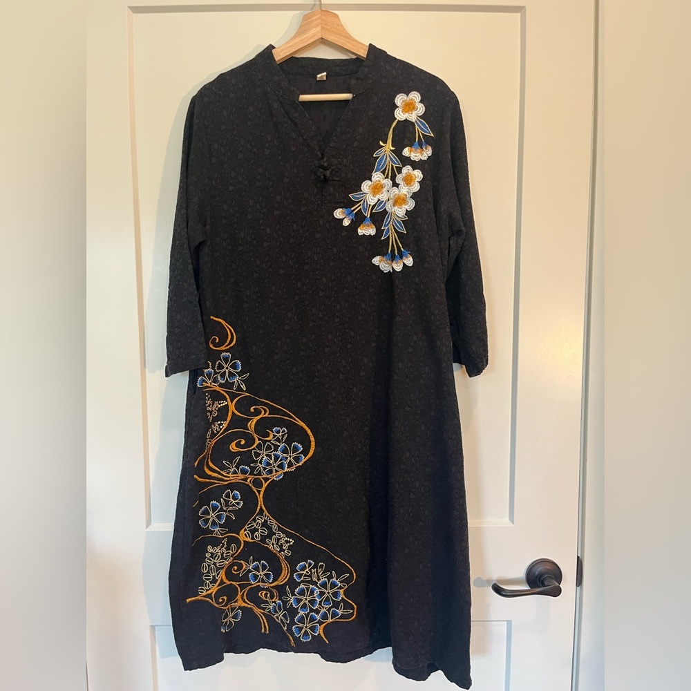 Embroidered floral mandarin collar black midi cotton linen artsy Lagenlook dress